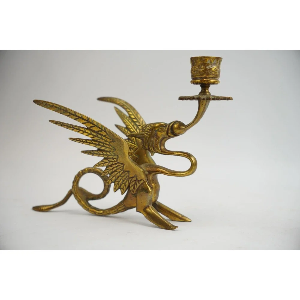 Vintage Brass Dragon Griffin Candle Holders Pair Mythical Winged Figures Good